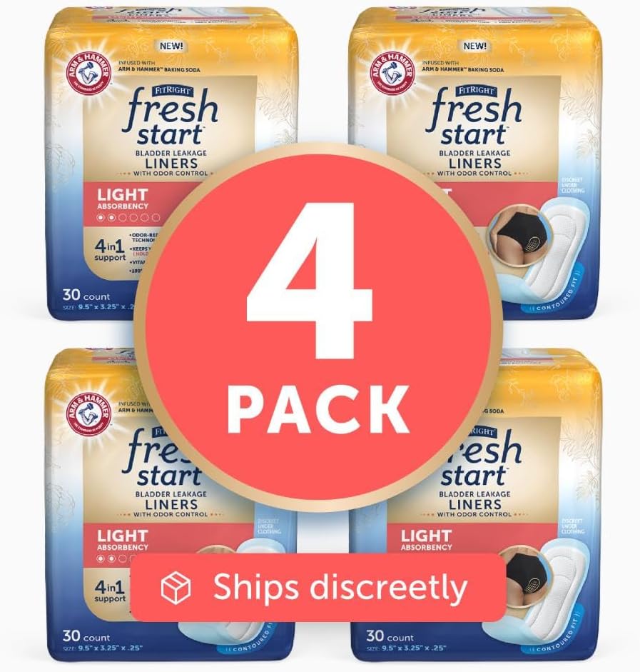 FitRight Fresh Start Urinary and Postpartum Incontinence Liners for Women, Light Absorbency, with The Odor-Control Power of ARM & HARMMER Baking Soda (120 Count, 4 Packs of 30) : Health & Household