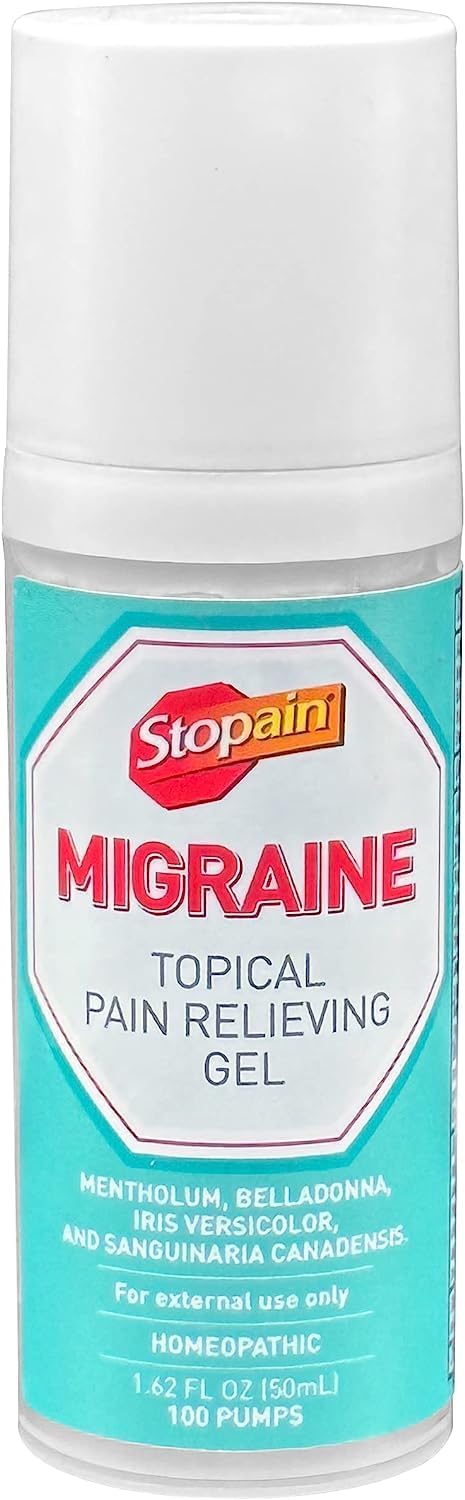 Stopain Migraine Pain Relief Gel Pump, 1.62oz, USA Made, Max Strength Fast Acting Research Proven Topical Effective at Any Stage, No Known Side Effects or Drug Interactions, HSA FSA Approved Products