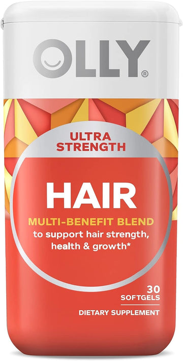 OLLY Ultra Strength Hair Softgels, Supports Hair Health, Biotin, Keratin, Vitamin D, B12, Hair Supplement, 30 Day Supply - 30 Count (Packaging May Vary)
