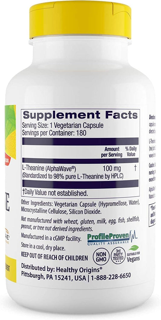 Healthy Origins L-Theanine (AlphaWave), 100 mg - Stress Support - Supports Healthy Focus & Clarity - Immune Support Supplement - Vegan, Non-GMO & Gluten-Free Supplement - 180 Veggie Capsules