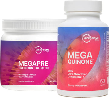 Microbiome Labs Bone Health Support Bundle - Megaquinine Complete Vitamin K Supplement K1 & K2 Mk-7 (60 Capsules) + Megapre Prebiotic Powder (2.1Oz)
