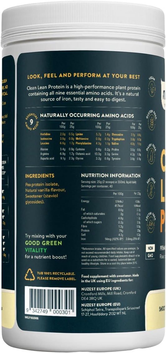 Vegan Protein Powders By Nuzest - Clean Lean Protein - Smooth Vanilla - Plant Based Pea Protein Shake - Low Calorie & Low Carb - Gluten Free - Dairy Free - 1Kg (40 Servings)