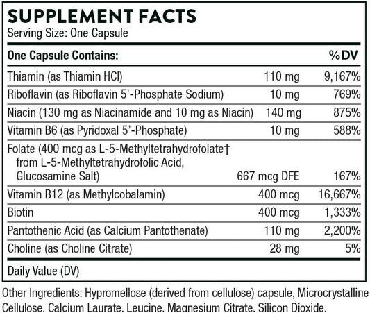 Thorne Basic B-Complex - Tissue-Ready Vitamin B Complex Supplement With Choline - Supports Cellular Energy Production, Brain Health & Red Blood Cell Formation - Gluten-Free, Dairy-Free - 60 Capsules