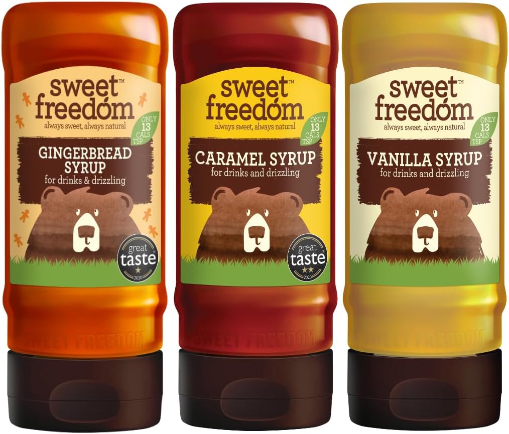 Sweet Freedom Vegan Coffee Syrup Bundle - X1 Caramel Syrup 350 G, X1 Vanilla Syrup 350 G & X1 Gingerbread Syrup 350 G