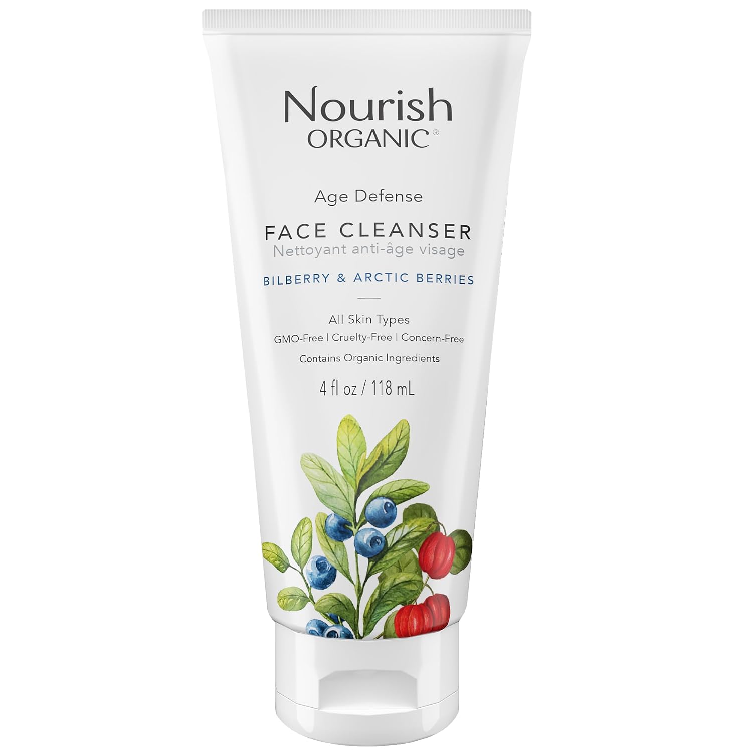 Nourish Organic Face Cleanser, Age Defense Bilberry & Arctic Berries – Anti-Aging Face Wash With Aloe Vera + Washable Cotton Round