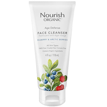 Nourish Organic Face Cleanser, Age Defense Bilberry & Arctic Berries – Anti-Aging Face Wash With Aloe Vera + Washable Cotton Round