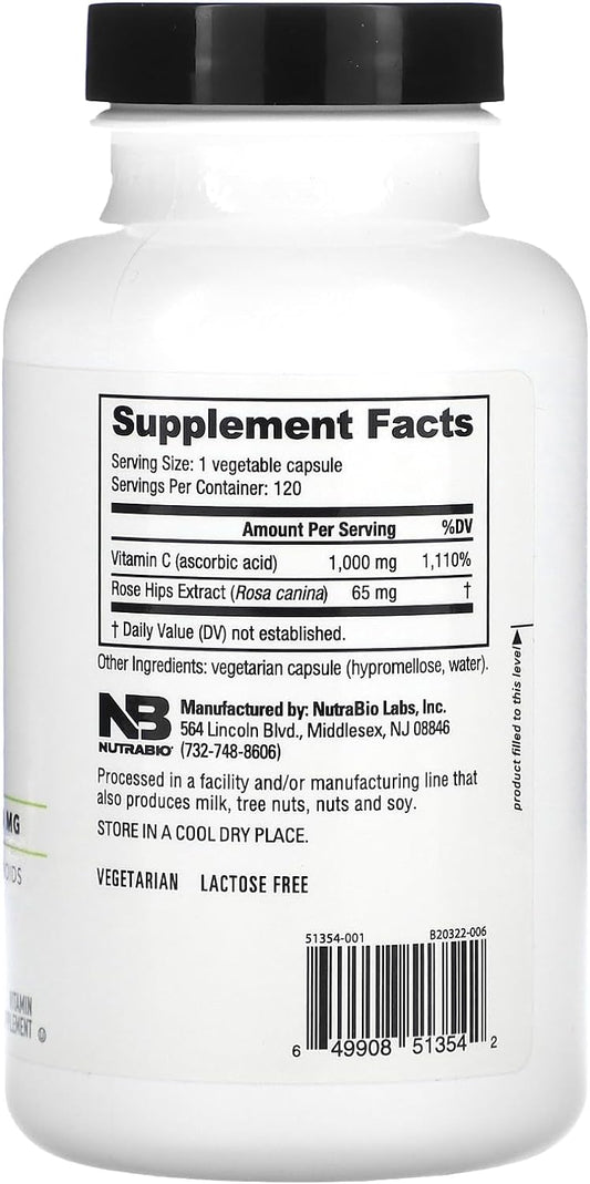 NutraBio Vitamin C with Rose HIPS - Supports Healthy Bones, Teeth and Gums, Immune Function - No Fillers or Excipients - (120 Capsules, 1000mg of Vitamin C per Capsule) : Health & Household