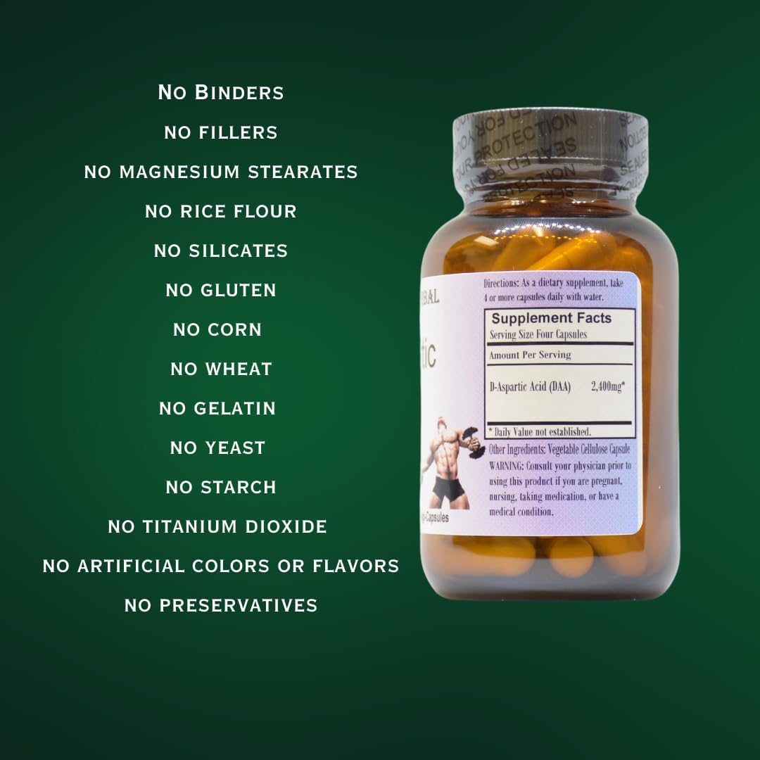Barlowe'S Herbal Elixirs D-Aspartic Acid Supplement | Daa | 600 Mg Per Capsule | 60 Veggie Capsules | Athletic Performance | Stearate Free | Glass Bottle : Health & Household