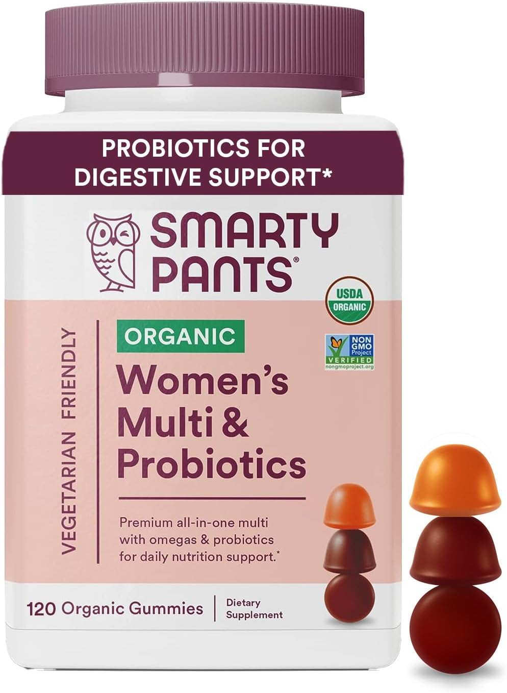 SmartyPants Organic Women's Multivitamin Gummies: Biotin, Probiotics, Methylfolate, Omega 3 (ALA), Vitamin D3, C, Vitamin B12, B6, Vitamin A, K & Zinc, Gluten Free, 120 Count (30 Day Supply)