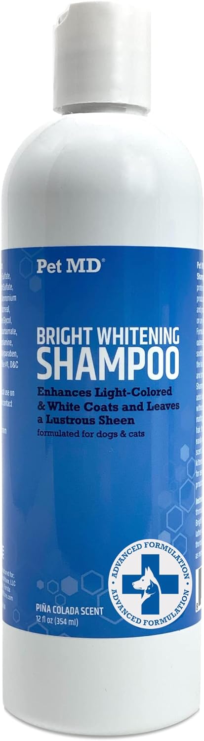 Pet Md Bright Whitening Shampoo For Dogs & Cats - Tearless Protein Enriched Shampoo W/Oatmeal For Brightening White & Light Colored Coats - Cleans, Adds Luster, & Controls Matting & Tangling - 12 Oz