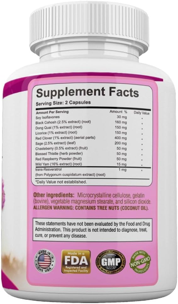 Menopause Relief Support For Hot Flashes Nights Sweats Hormonal Balance Support Supplement For Women Estrogen Wild Yam Black Cohosh Vitamins Lorice Root Herb Red Clover Extract Chasteberry Pills : Health & Household