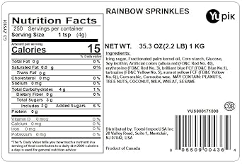 Yupik Rainbow Sprinkles, 2.2 Lb, Low In Sugar, Cholesterol-Free, Sodium-Free, Kosher, Dessert Topping