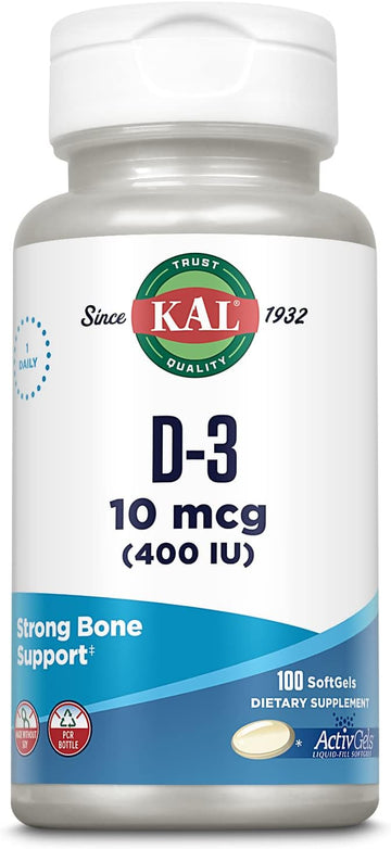 Kal Vitamin D3 400 Iu Softgels (10 Mcg), Active Form Of Vitamin D, Calcium Absorption, Bone Health, Immune Support Supplement, Liquid Filled Activgel, Made Without Soy, 100 Servings, 100 Softgels