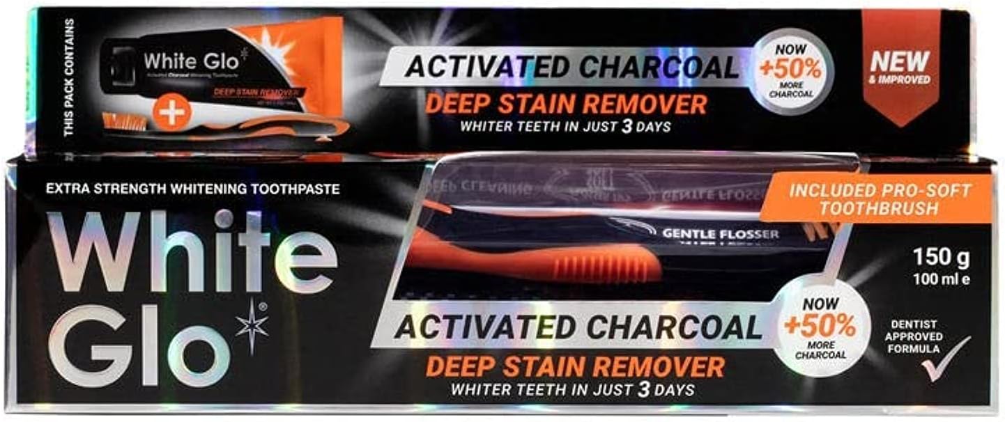 White Glo Charcoal Deep Stain Remover Whitening Fluoride Anticavity Toothpaste, 50% More Charcoal And Micro-Particles To Purge Stains, Bacteria, Detoxified Mouth And Sparkling White Smile - 5.3 Ounces