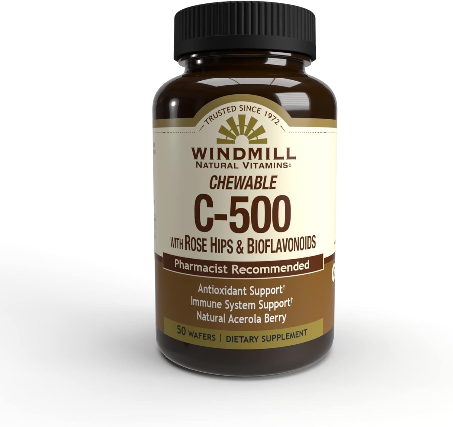 Windmill Natural Vitamins Vitamin C 500 mg, with Rose HIPS and Bioflavonoids, Immune Booster, Antioxidant Support, Chewable Tablets, Acerola Berry, 50 Tablets, 50 Servings