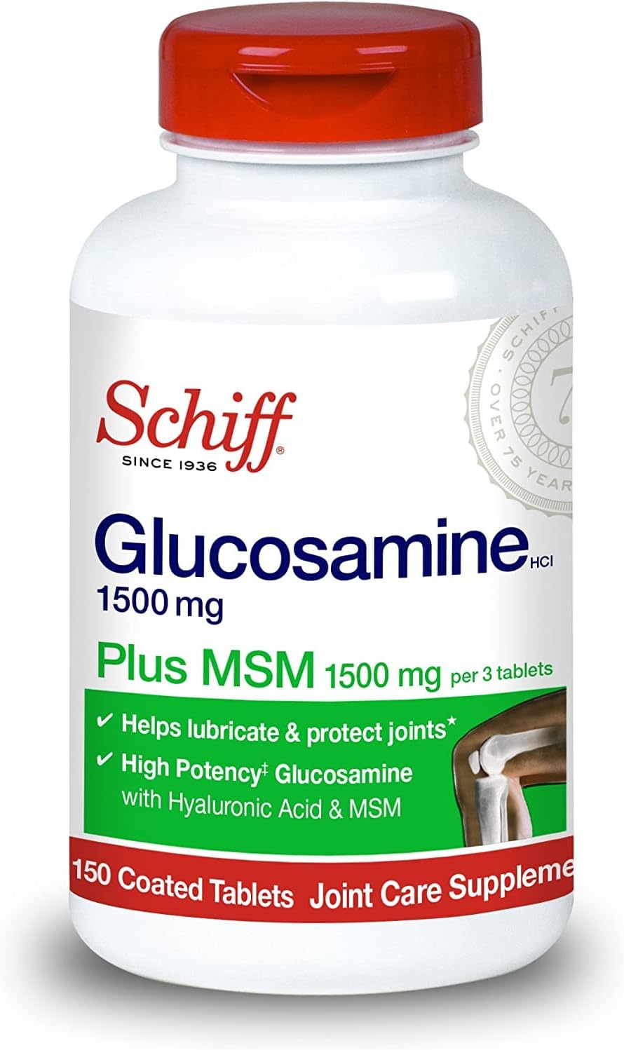 Schiff Glucosamine 1500mg Plus MSM and Hyaluronic Acid, 150 Tablets - Joint Supplement (Pack of 2)