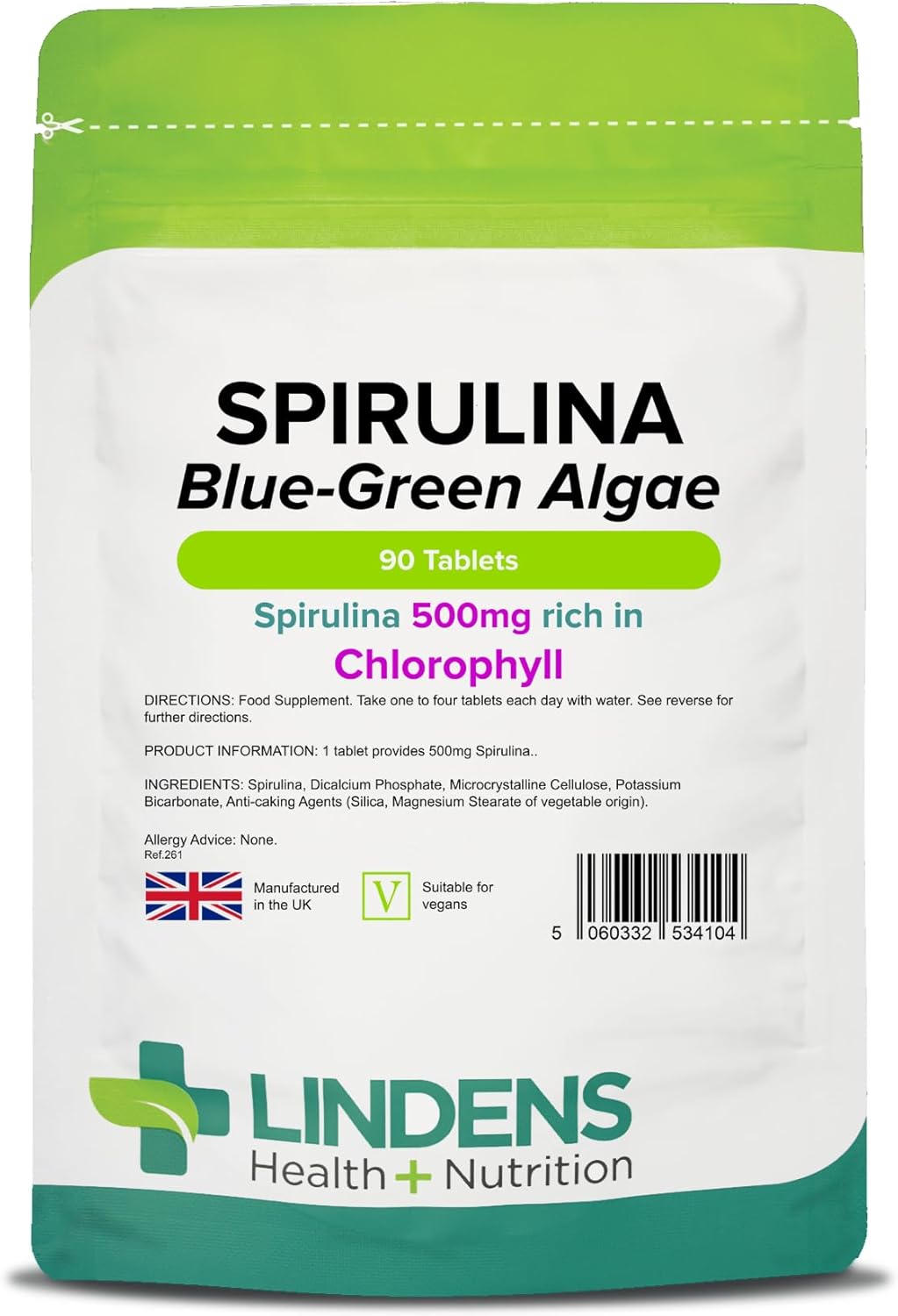 Lindens - Spirulina 500Mg - 90 Tablets - 2,000Mg Daily Intake, Uk Made - Spirulina Maxima, Rich In Chlorophyll - Overall Health & Vitality - Letterbox Friendly, Vegan
