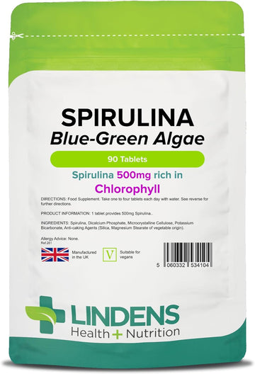 Lindens - Spirulina 500Mg - 90 Tablets - 2,000Mg Daily Intake, Uk Made - Spirulina Maxima, Rich In Chlorophyll - Overall Health & Vitality - Letterbox Friendly, Vegan