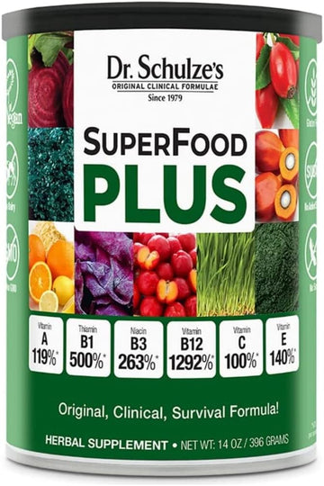 Dr. Schulze?s SuperFood Plus | Vitamin and Mineral Herbal Concentrate | Daily Nutrition | Gluten-Free and Non-GMO | Vegan | 14 Ounce Powder | Packaging May Vary