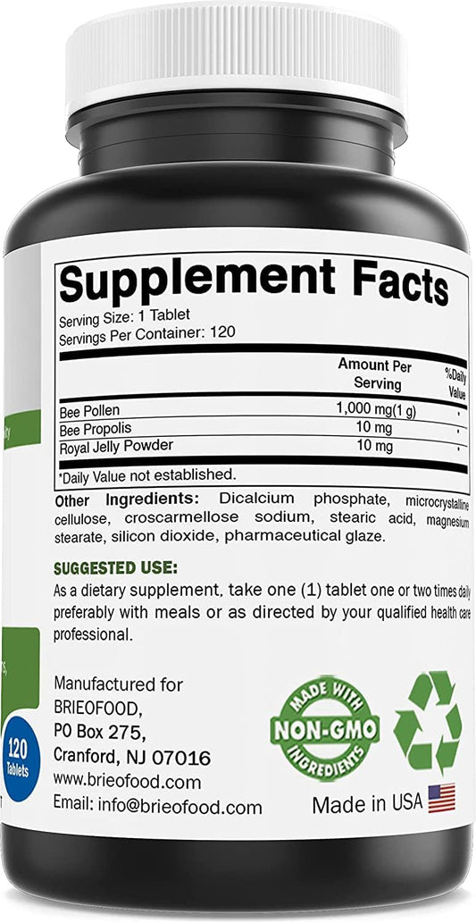Brieofood Bee Pollen Complex 1000 Mg 120 Tablets - Made With Bee Pollen, Bee Propolis, & Royal Jelly Powder