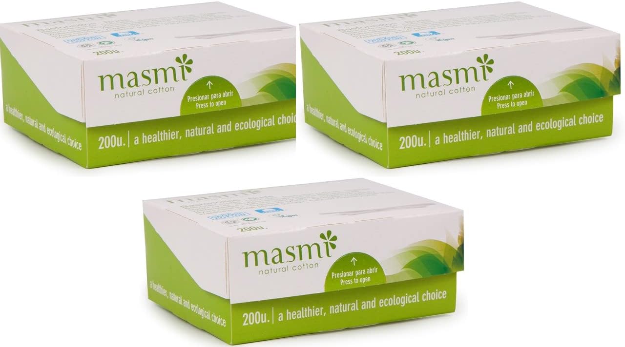 Masmi Organic Vegan Cotton Buds Compressed Paper Stick 100% Biodegradable Not Chlorine Bleached (3 X 200)