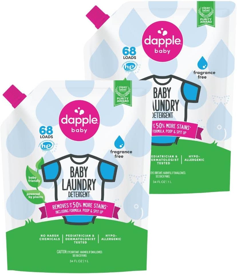 Dapple Baby Laundry Detergent, Concentrated, Plant Based & Hypoallergenic, Stain Removing Natural Ingredients, Fragrance Free, 34 Fl Oz (Pack Of 2)