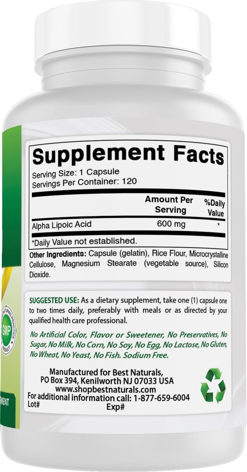 Best Naturals Alpha Liopic Acid 600 Mg 120 Count - Ala Alpha Lipoic Acid Powerful Antioxidant : Health & Household