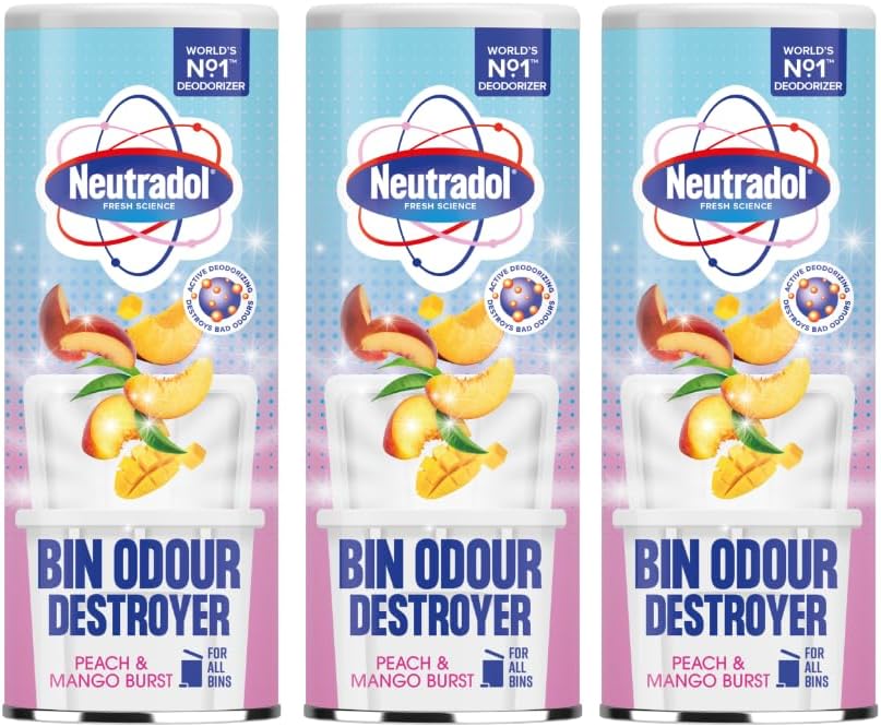 Neutradol Dustbin Odour Destroyer, Bin Freshener Deodorising Powder, Odour Eliminator For Indoor & Outdoor Bins, Peach & Mango Burst, Multipack Of 3 X 350G