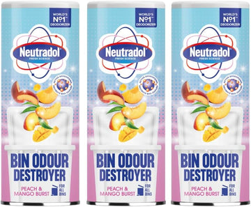 Neutradol Dustbin Odour Destroyer, Bin Freshener Deodorising Powder, Odour Eliminator For Indoor & Outdoor Bins, Peach & Mango Burst, Multipack Of 3 X 350G