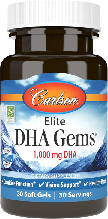 Carlson - Elite DHA Gems, 1000 mg DHA, Supports Healthy Brain Function & Vision, 30 soft gels