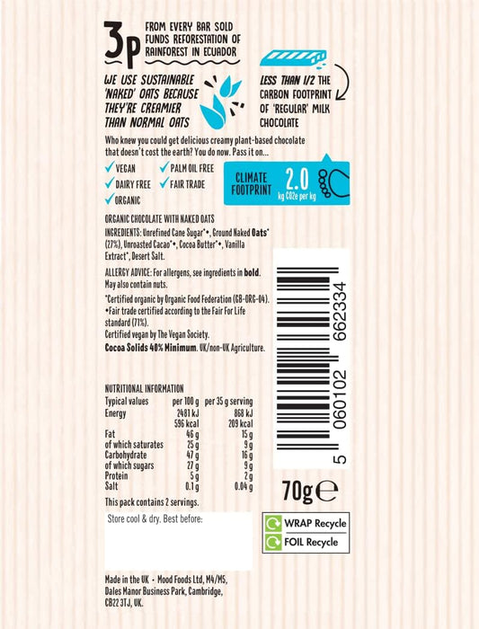 Vegan Chocolate - Ombar Oat M'Lk Smooth & Creamy (70G X 10 Bars), Organic Fair Trade, Dairy Free And Gluten Free Sustainable Oat Milk Chocolate