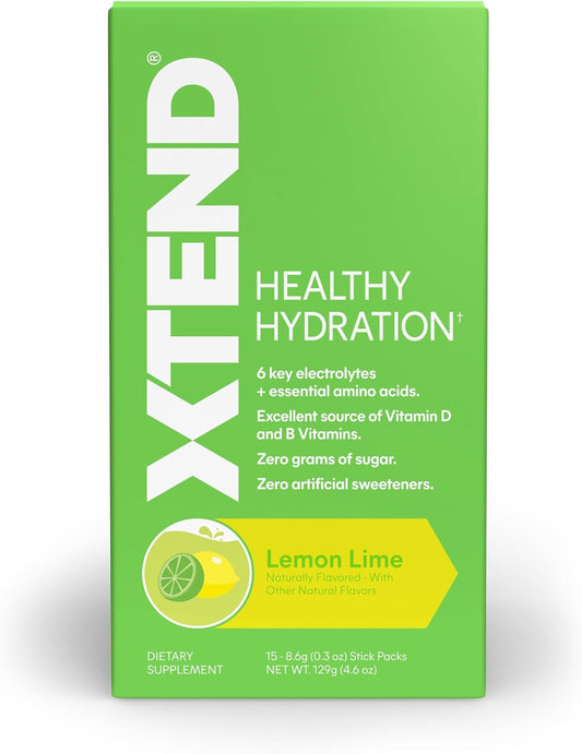 Xtend Healthy Hydration Lemon Lime | Zero Sugar Superior Hydration Powder Packets | 6 Key Electrolytes Drink Mix | Essential Amino Acids | Nsf Certified For Sport | 15 Sticks