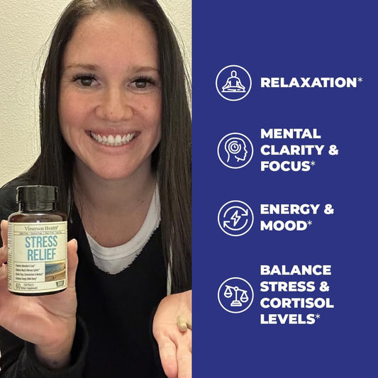 Stress Relief Supplement with 5HTP, Ashwagandha, Valerian, St John?s Wort, GABA, Chamomile & B-Vitamins - Promotes Relaxation, Sleep, Calm & Balanced Mood, Energy & Focus. Vegan, Non-GMO, 60 Capsules