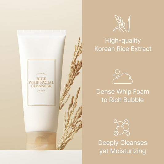 I'M From Rice Whip Facial Cleanser, Low-Ph Korean Rice Water Face Wash For Sensitive, Dry Skin, Gentle Face Wash For Hydrating & Moisturizing, Creamy Lather, Makeup Remover (5.07 Fl Oz)