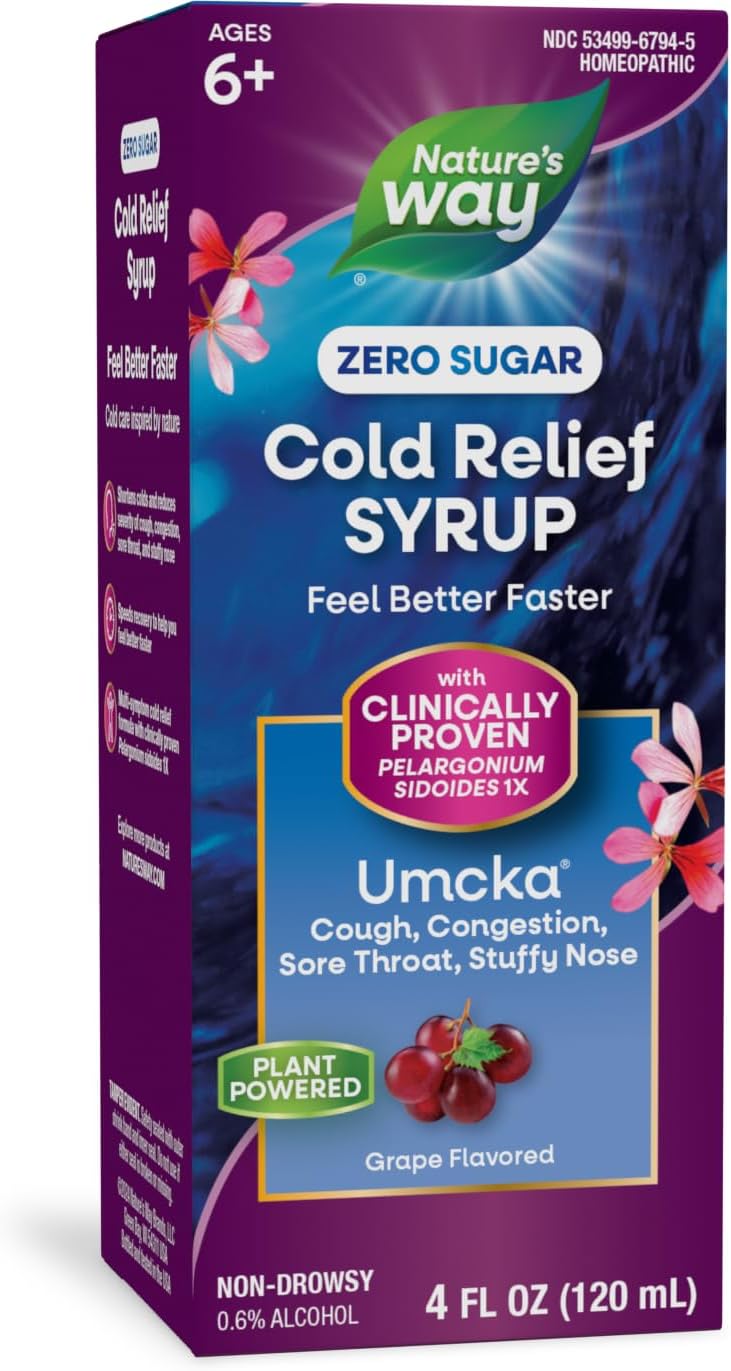 Nature'S Way Cold Relief Zero Sugar Syrup, Umcka, Homeopathic, Shortens Colds, Sore Throat, Cough, Congestion, And Stuffy Nose, Phenylephrine Free, Grape Flavored, 4 Fl Oz (Packaging May Vary)