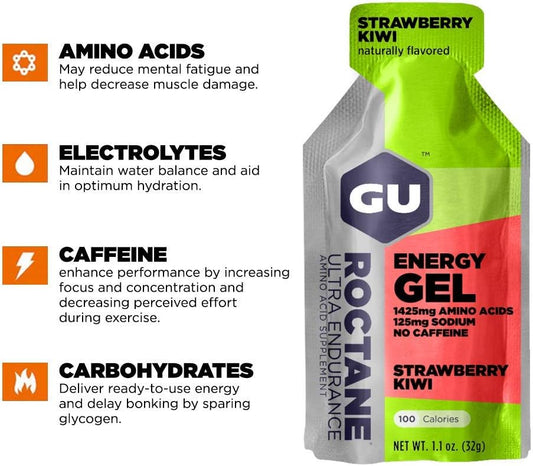 Gu Energy Roctane Ultra Endurance Energy Gel, Vegan, Gluten-Free, Kosher, And Dairy-Free On-The-Go Sports Nutrition For Running, Biking, Hiking Or Skiing, Strawberry Kiwi (24 Packets)