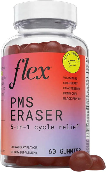 Flex Pms Eraser - Relief Targets Cramping, Bloating, Mood, Fatigue, Helps Pms Symptoms, Vegan, Vitamin B6, Chasteberry, Dong Quai, Cranberry, 60 Gummies (Pms Eraser)