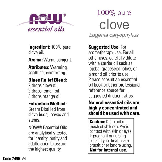 Now Essential Oils, Clove Oil, Balancing Aromatherapy Scent, Steam Distilled, 100% Pure, Vegan, Child Resistant Cap, 2-Ounce