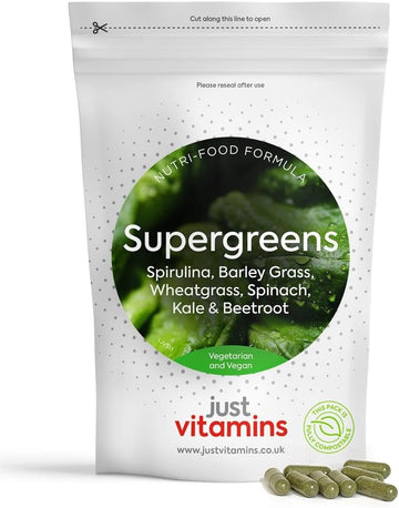 Just Vitamins Super Greens Complex With Spirulina, Barley Grass, Wheatgrass, Spinach, Kale & Beetroot X90 Capsules - No Artifical Ingredients Or Fillers. Uk Made