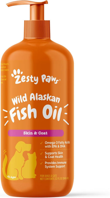 Zesty Paws Wild Alaskan Fish Oil For Dogs & Cats - Pollock & Salmon Oil Blend - Omega 3 Fatty Acids Epa & Dha For Pets - For Sensitive Skin + Coat Health - Immune System Support - 32 Fl Oz