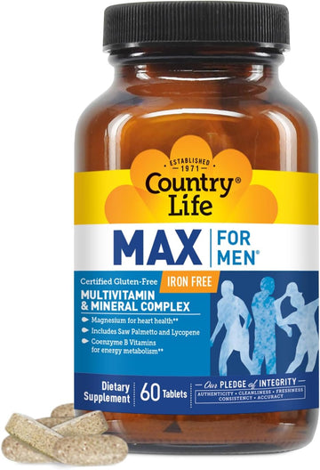Country Life Max For Men, Multivitamin & Mineral Complex, Iron-Free, Vegetarian Tablets, 60 Count, Certified Gluten Free, Certified Vegetarian