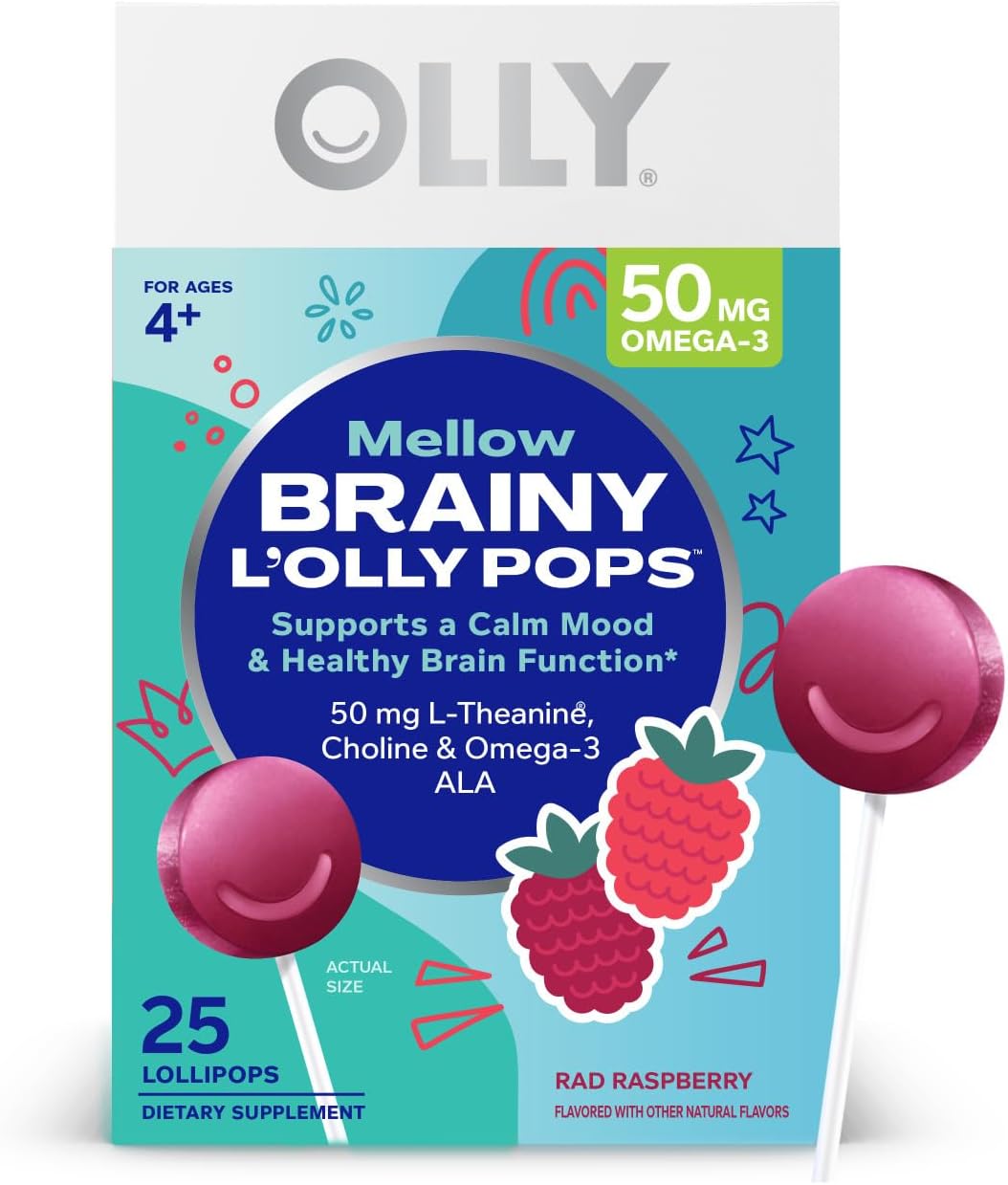 Olly Mellow Buddies L’Olly Pops, Omega-3 Ala, L-Theanine, Choline, Kids Supplement Lollipops, Supports A Calm Mood & Healthy Brain Function, Vegetarian, Raspberry, 25 Count