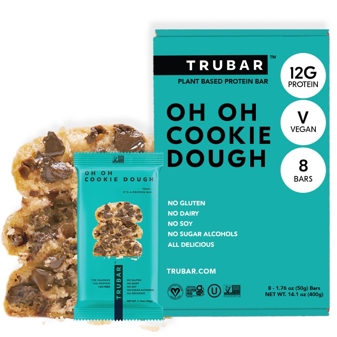 Trubar Vegan Protein Bar, Oh Oh Cookie Dough, Gluten Free, Plant Based Protein, Dairy Free, Non Gmo, Soy Free, No Sugar Alcohols, 12G Protein, 13G Fiber, 23G Carb, Healthy On The Go Snack Bars, 8 Ct