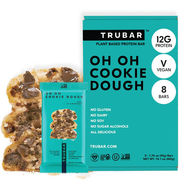 Trubar Vegan Protein Bar, Oh Oh Cookie Dough, Gluten Free, Plant Based Protein, Dairy Free, Non Gmo, Soy Free, No Sugar Alcohols, 12G Protein, 13G Fiber, 23G Carb, Healthy On The Go Snack Bars, 8 Ct