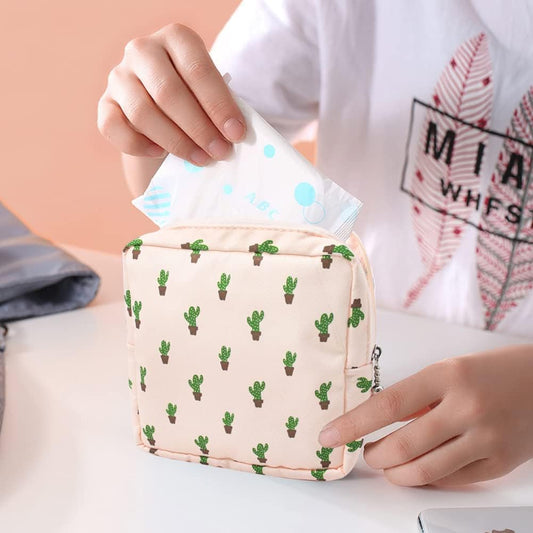 Period Bag Sanitary Napkin Storage Bag Portable Menstrual Period Sanitary Pouch Zipper Tampons Collect Bag (Cactus+Bohemia)