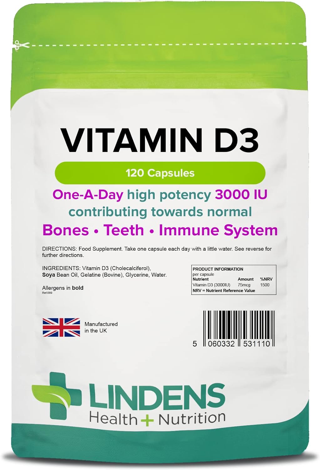 Lindens Vitamin D3 3000IU - 120 Capsules - High-Potency - 1500% NRV - Contributes to Normal Bones, Teeth & Immune System - 4 Months Supply - GMP & Letterbox Friendly - UK Made