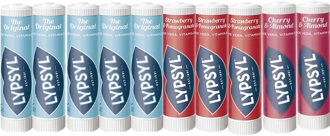 Lypsyl Untinted Lip Balm Stick 10-Pack – Spf15 – 5X Original, 3X Strawberry & Pomegranate, 2X Cherry & Almond – Moisturizing Lip Care