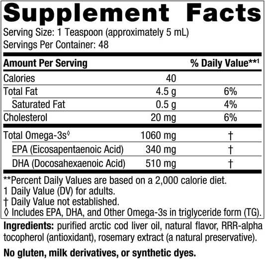 Nordic Naturals Arctic Cod Liver Oil, Orange - 8 oz - 1060 mg Total Omega-3s with EPA & DHA - Heart & Brain Health, Healthy Immunity, Overall Wellness - Non-GMO - 48 Servings