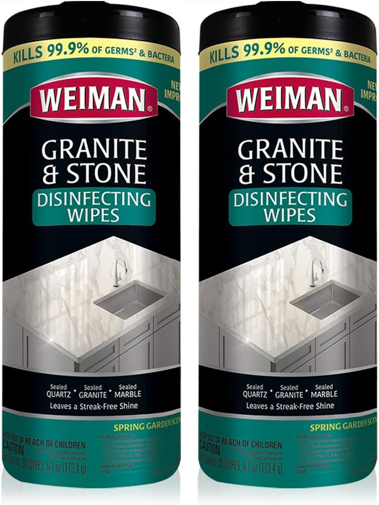 Weiman Granite Wipes - Clean, Brighten, and Protects Solid Sealed Stone Surfaces - 30 Count (2 Pack)
