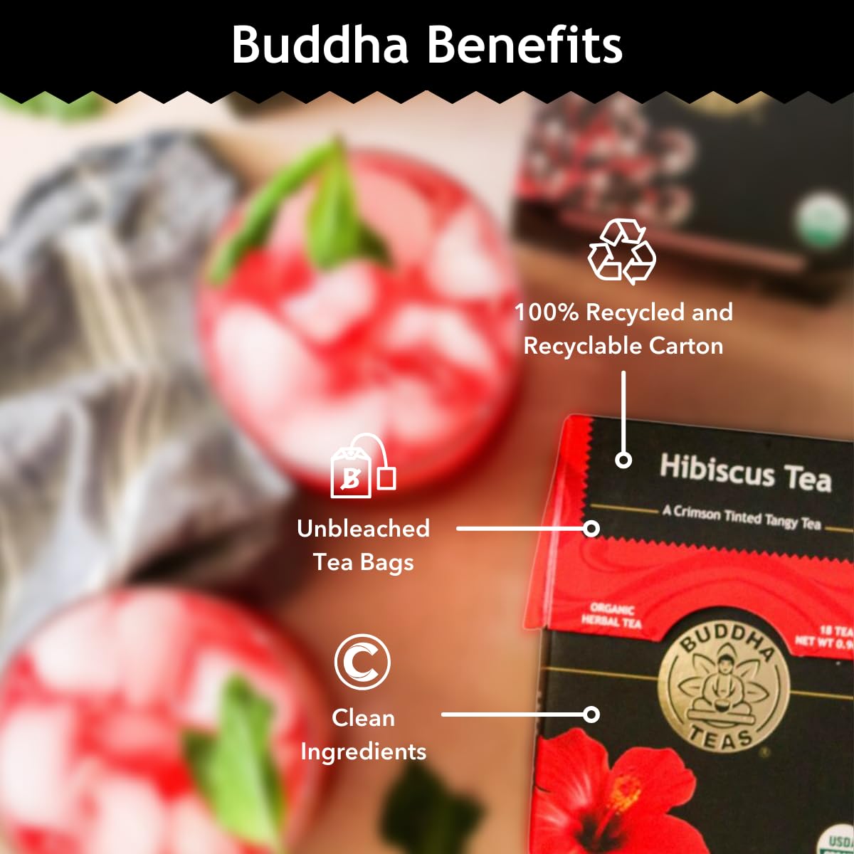 Buddha Teas - Hibiscus - Organic Herbal Tea - For Health & Wellbeing - With Antioxidants, Vitamin C & Bioflavonoids - Caffeine Free - 100% Kosher & Non-Gmo - 18 Tea Bags (Pack Of 1)